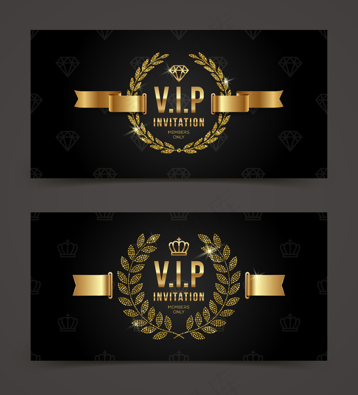 Vip金色邀请函模板-黑色图案背景上有皇冠、月桂花环和丝带。插图。