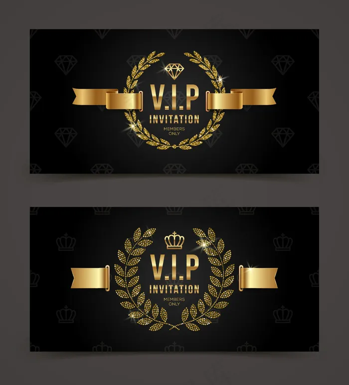 Vip金色邀请函模板-黑色图案背景上有皇冠、月桂花环和丝带。插图。eps,ai矢量模版下载