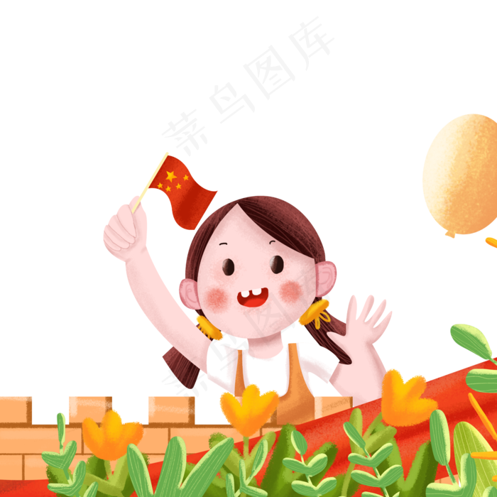 站在长城上欢呼的小女孩