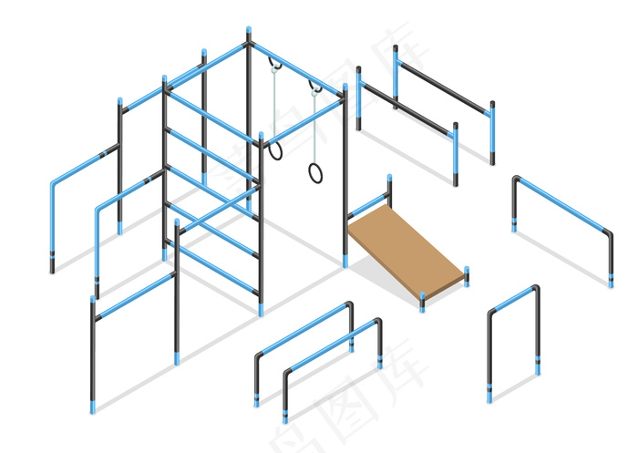 锻炼等轴测街道区域元素。户外体操或体育器材，白色隔离。