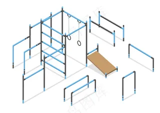 锻炼等轴测街道区域元素。户外体操或体育器材，白色隔离。