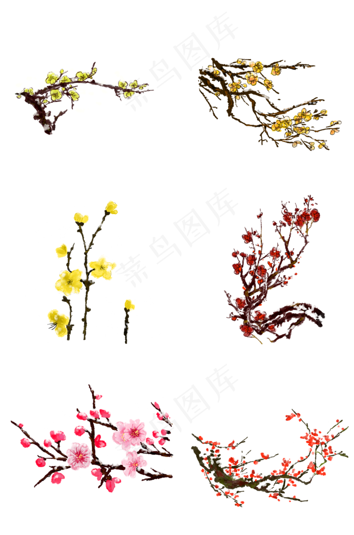 冬天腊梅黄色红色水墨梅花古风素(2000X3020(DPI:300))psd模版下载