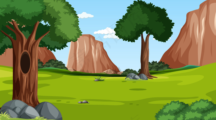 各种林木和悬崖背景的森林场景