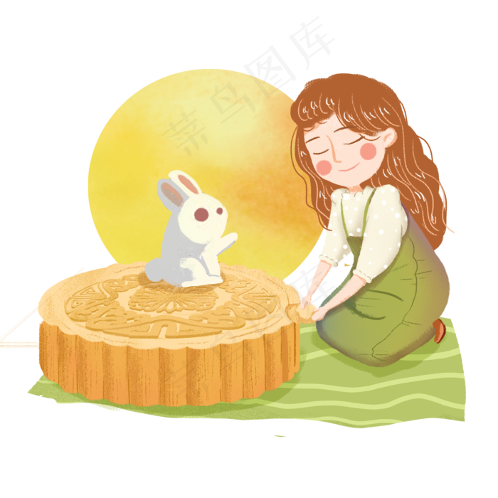 中秋圆月吃月饼女生png素材