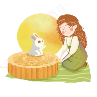 中秋圆月吃月饼女生png素材