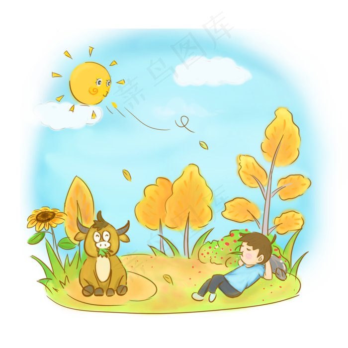 秋分之牛耕小憩手绘PNG素材