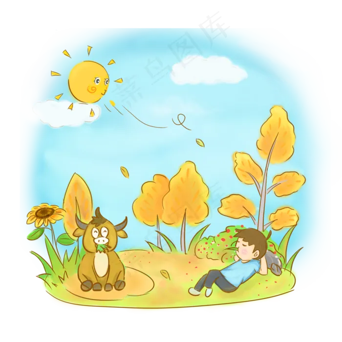 秋分之牛耕小憩手绘PNG素材(3000X3000(DPI:300))psd模版下载