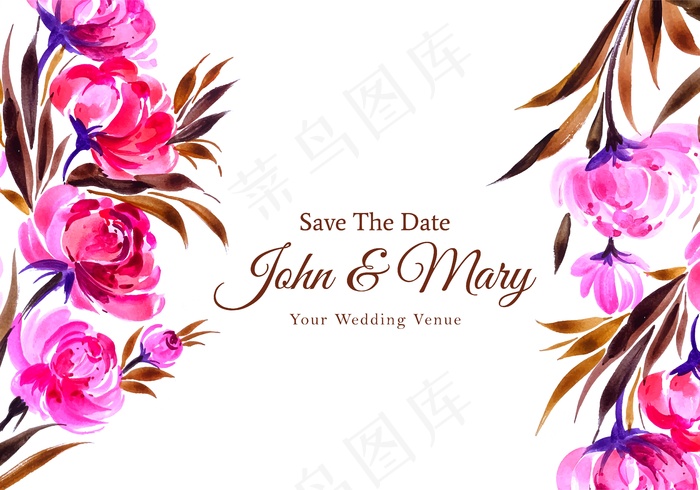 婚礼请柬水彩装饰花卡