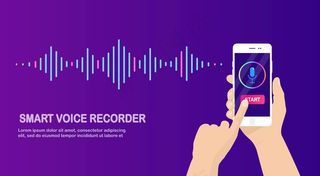 来自均衡器的音频梯度波。带有麦克风图标的手机。用于语音记录的手机app手机app移动应用程序app