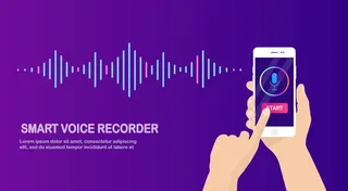 来自均衡器的音频梯度波。带有麦克风图标的手机。用于语音记录的手机app手机app移动应用程序app