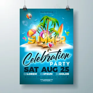 热带岛屿上的矢量夏日派对宣传单,DM传单或海报设计