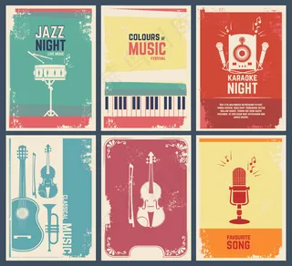 带有乐器图片的请柬模板。音乐最喜爱的歌曲和派对爵士音乐节横幅banner插图