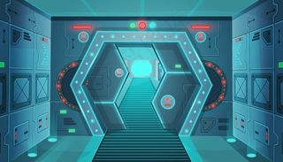 太空船上有门的走廊。矢量卡通室内科幻太空船。