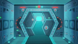 太空船上有门的走廊。矢量卡通室内科幻太空船。