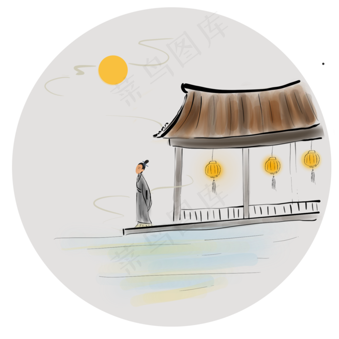 中国风亭子里赏月的古代人