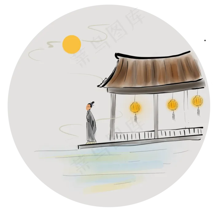 中国风亭子里赏月的古代人(2000X2000(DPI:300))psd模版下载