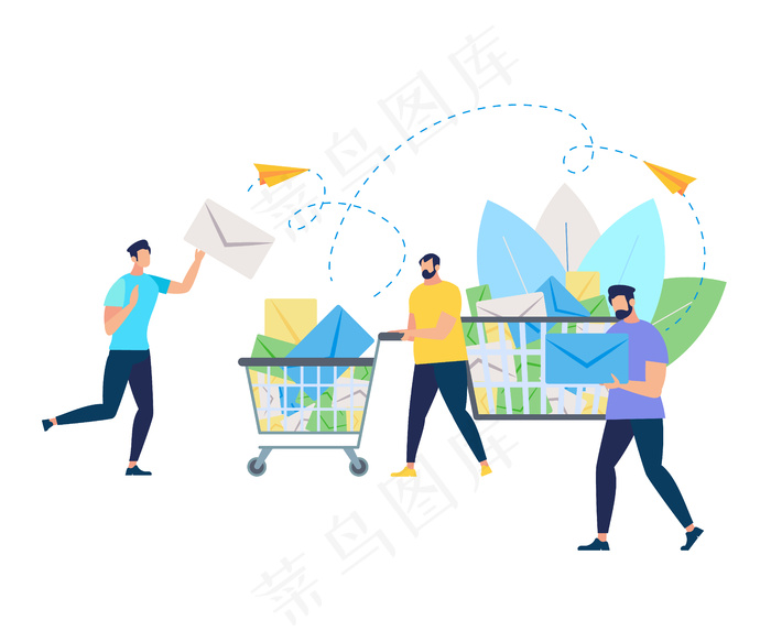 年轻人推着装满纸信封的手推车eps,ai矢量模版下载