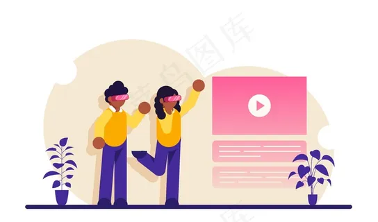 虚拟现实平台。人们使用vr耳机或眼镜。用于娱乐或视频观看的现代技术。