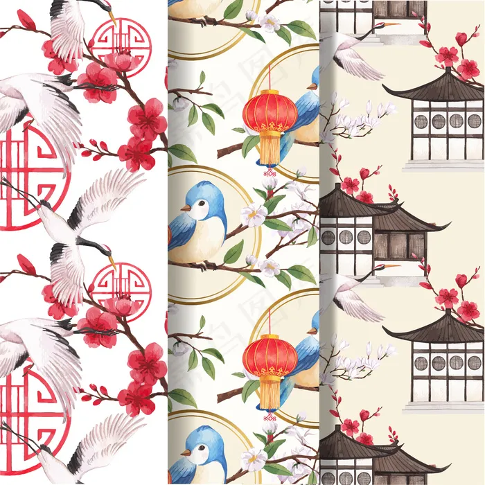 图案模板与欢乐春节概念设计水彩插画eps,ai矢量模版下载