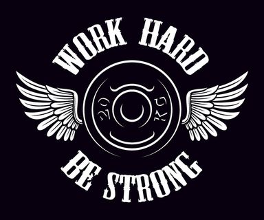 健身房的复古标志。黑色背景上有翅膀的杠铃圆盘的插图。