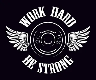 健身房的复古标志。黑色背景上有翅膀的杠铃圆盘的插图。