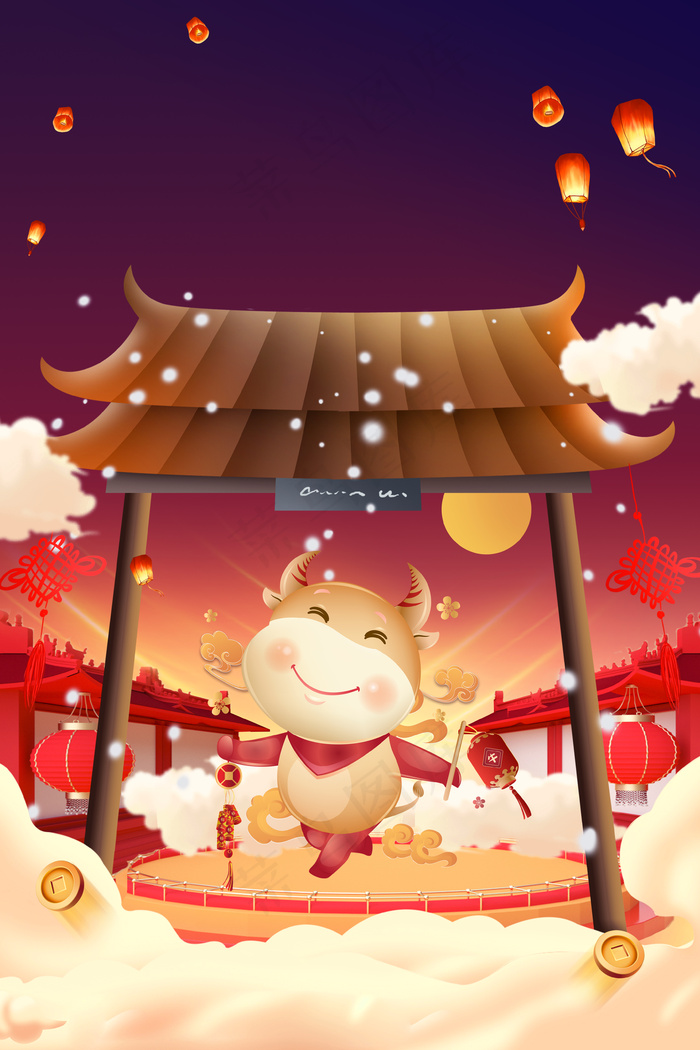 新年牛 红色喜庆(3545*5315px 	      )psd模版下载