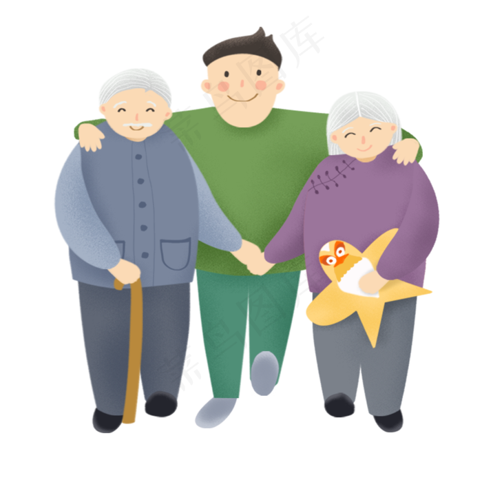 手绘孙子和爷爷奶奶温馨靠在一起