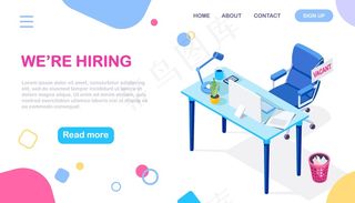 招聘。办公室内部有书桌、空椅子、电脑、文件、台灯。