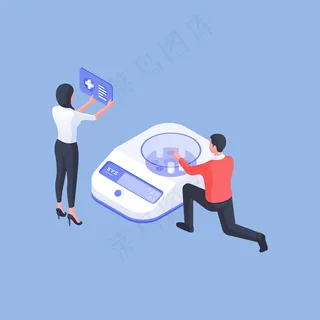 男女科学家在蓝色背景下使用分析机在实验室研究药物的等距矢量图