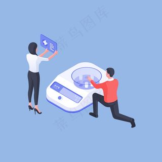 男女科学家在蓝色背景下使用分析机在实验室研究药物的等距矢量图