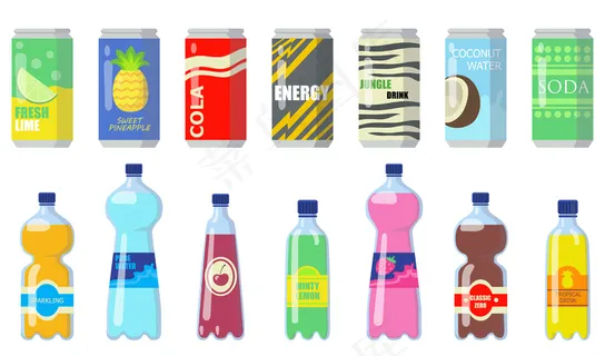 金属罐和塑料瓶中的各种饮料