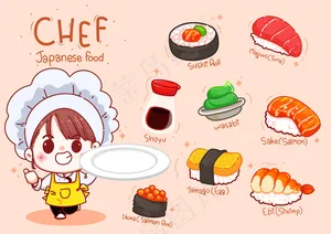 可爱的厨师拿着寿司盘，日本美食卡通手绘插图