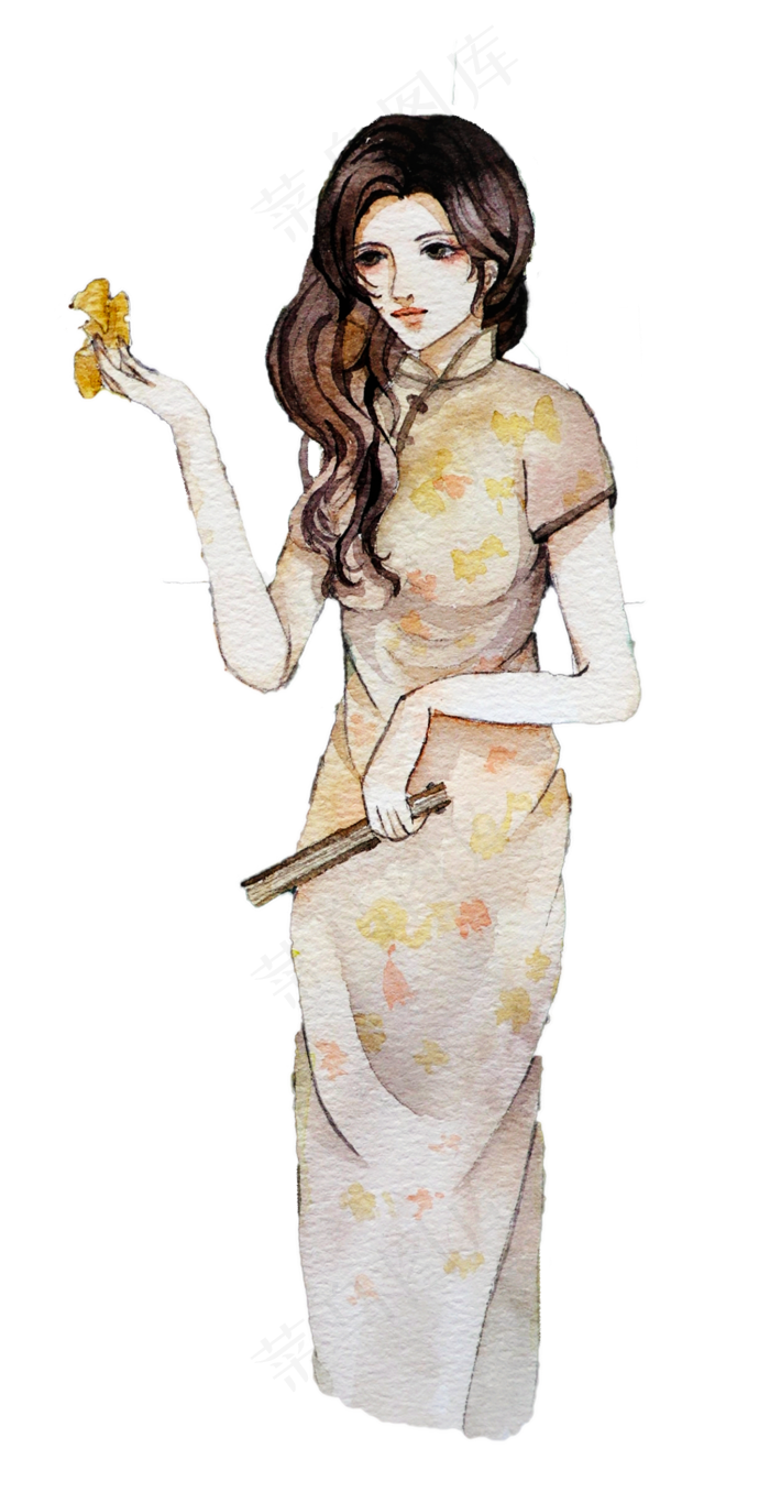 民国复古水彩风少女PNG素材