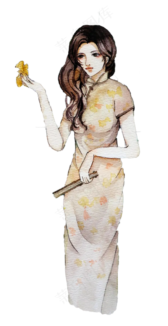 民国复古水彩风少女PNG素材(1033X2000(DPI:300))psd模版下载
