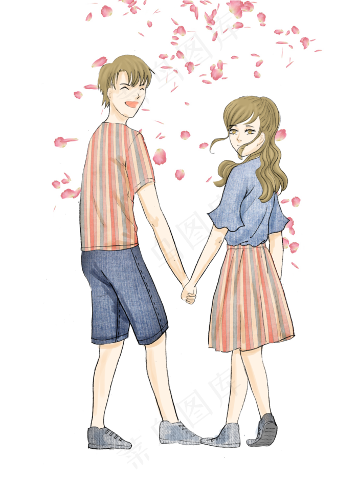 身穿情侣装在花瓣雨中牵手的男孩