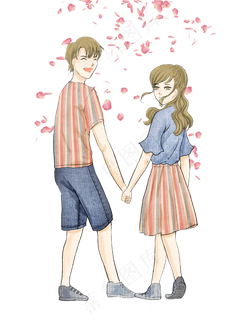 身穿情侣装在花瓣雨中牵手的男孩