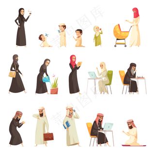 阿拉伯人家庭卡通图标集