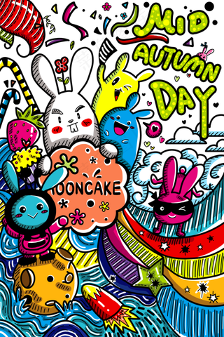 中秋节热闹佳节兔子月饼涂鸦