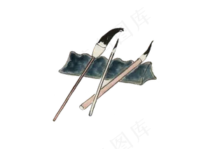 水墨中国风工笔画高清免扣素材-毛笔砚台