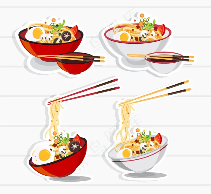 一碗日本拉面，一碗中国汤面亚洲美食插画