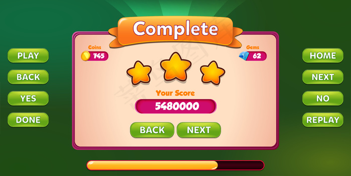 水平完整的菜单弹出与明星得分和按钮图形用户界面