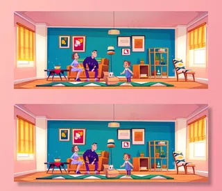 父母在客厅插图上向小女孩展示猫