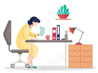 卡通女人坐在办公室的桌子旁搜索文件中的数据