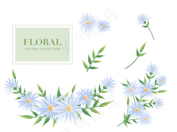白色背景上有绿叶的雏菊花。eps,ai矢量模版下载