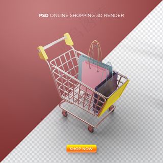 带购物车和购物袋的在线购物3d渲染