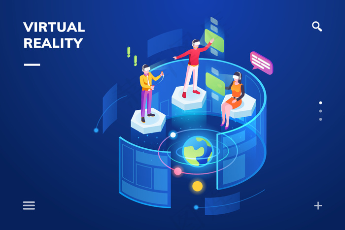 等轴测房间与人们使用虚拟现实或沉浸式技术小工具。