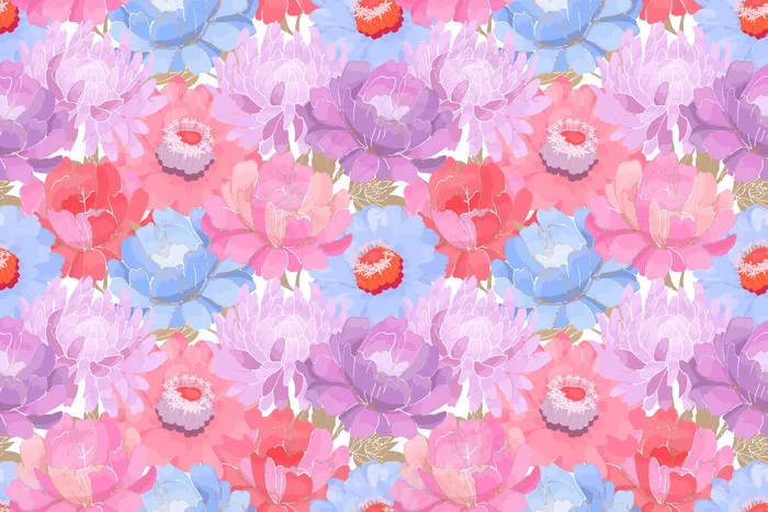 花卉图案。粉红色、紫色、蓝色的花园花，白色背景上有米色的叶子。美丽的牡丹、紫菀、紫红色为面料、壁纸设计、厨房纺织品。eps,ai矢量模版下载