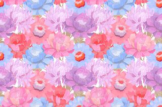 花卉图案。粉红色、紫色、蓝色的花园花，白色背景上有米色的叶子。美丽的牡丹、紫菀、紫红色为面料、壁纸设计、厨房纺织品。