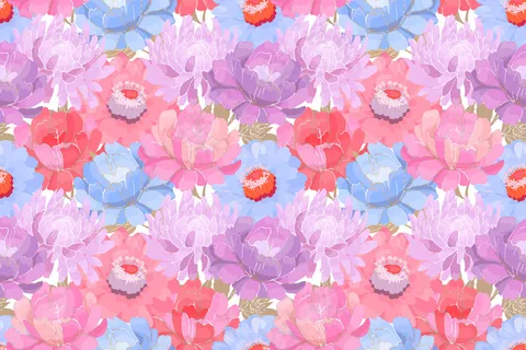 花卉图案。粉红色、紫色、蓝色的花园花,白色背景上有米色的叶子。美丽的牡丹、紫菀、紫红色为面料、壁纸设计、厨房纺织品。 花卉图案。粉红色、紫色、蓝色的花园花,白色背景上有米色的叶子。美丽的牡丹、紫菀、紫红色为面料、壁纸设计、厨房纺织品。
