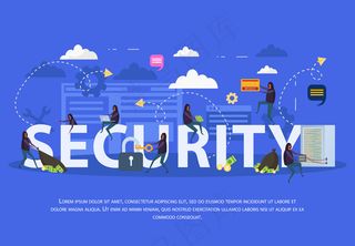 网络安全平台由各种黑客攻击电脑设备的蓝色背景插图组成